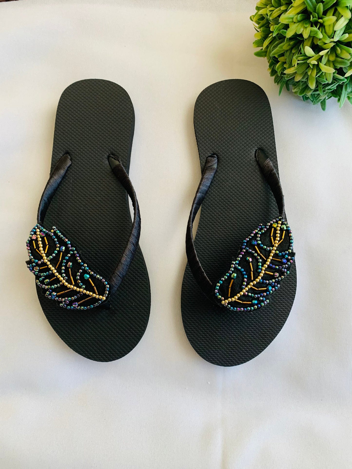 Women’s flip flops, beads , floral pattern, bling flip flops, fancy flip flops, customized flip flops - TOP