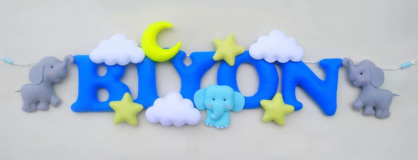 Felt name banner, blue garland, elephant banner, nursery decor, personalized gift, felt letters, baby name banner, name garland, name sign