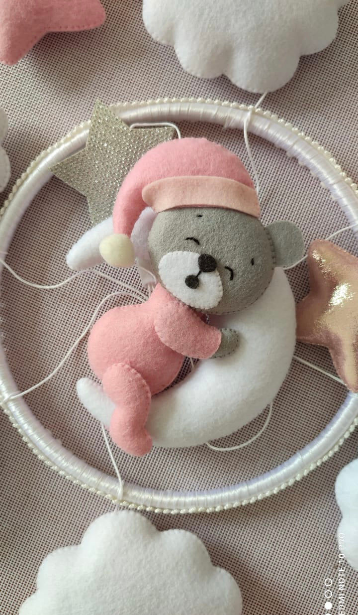 Nursery mobile for girls , Sleeping bear mobile for girls