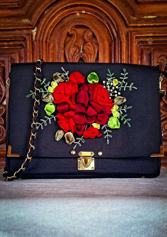 Hand Ribbon Embroidered Bag with Red Roses