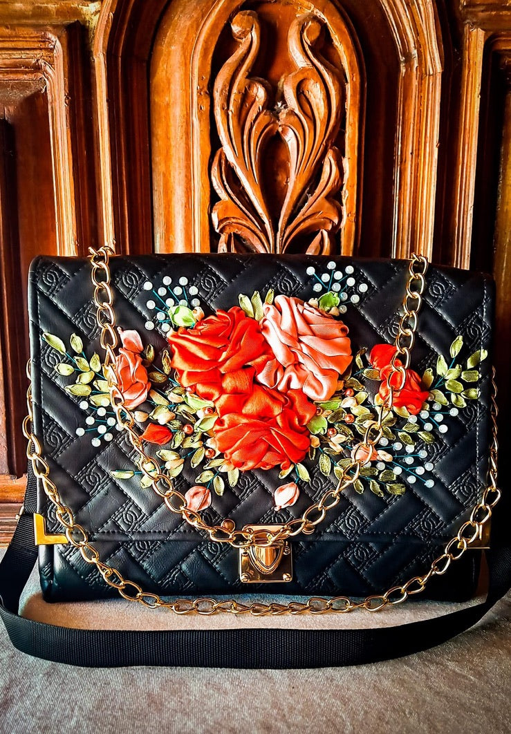 Ribbon Embroidered Bag with flowers