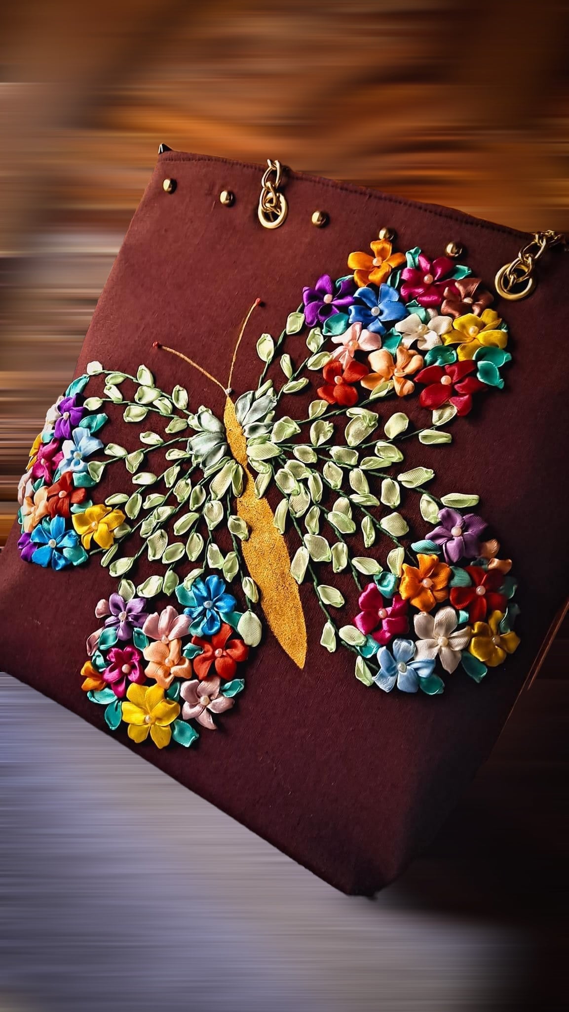 Ribbon Embroidered  Bag with Butterfly shape flower design