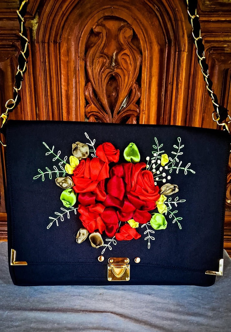 Hand Ribbon Embroidered Bag with Red Roses