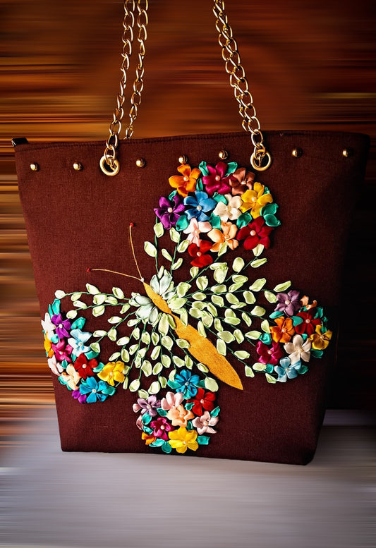 Ribbon Embroidered  Bag with Butterfly shape flower design