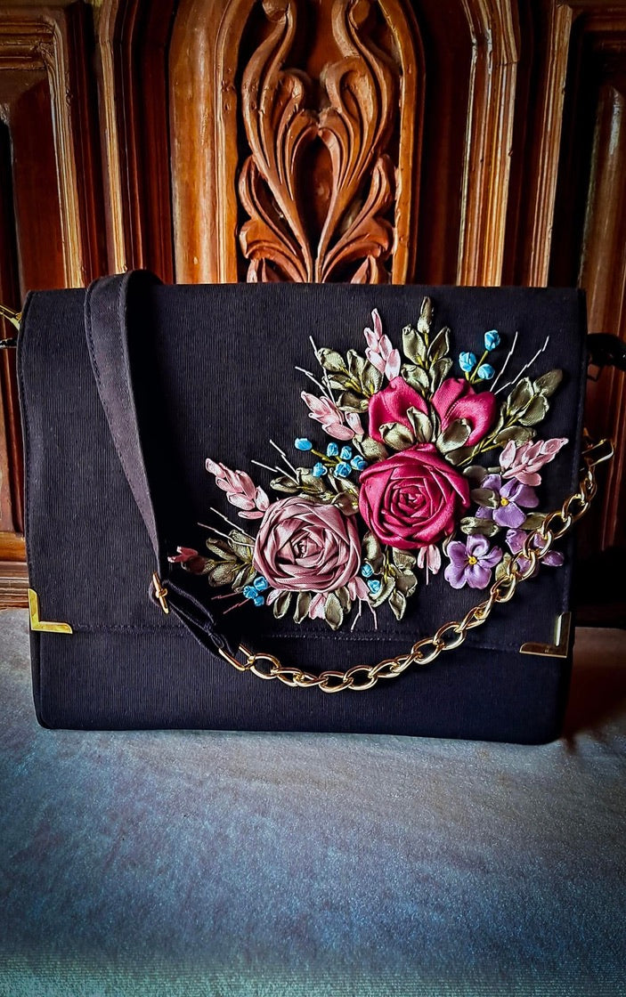 Hand Ribbon Embroidered Bag with Metalic C olorRoses