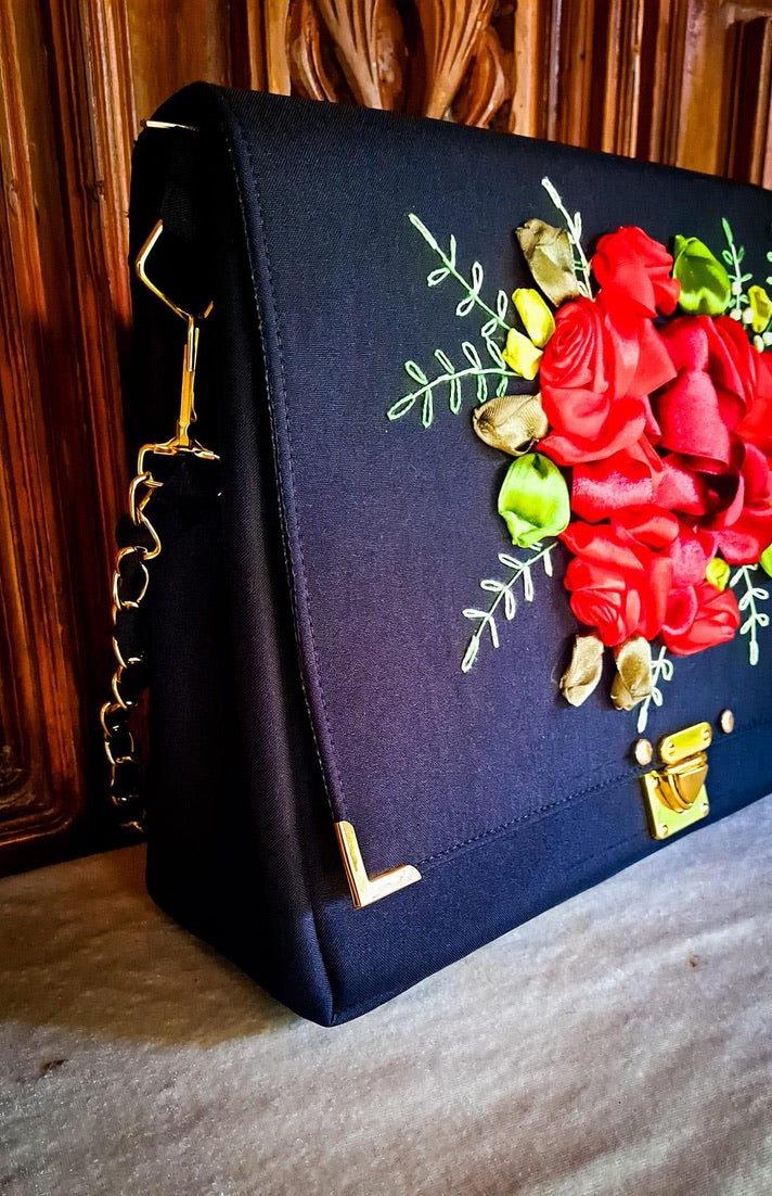 Hand Ribbon Embroidered Bag with Red Roses