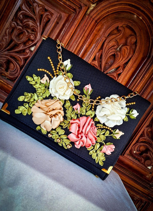 Hand Ribbon Embroidered Bag with Roses