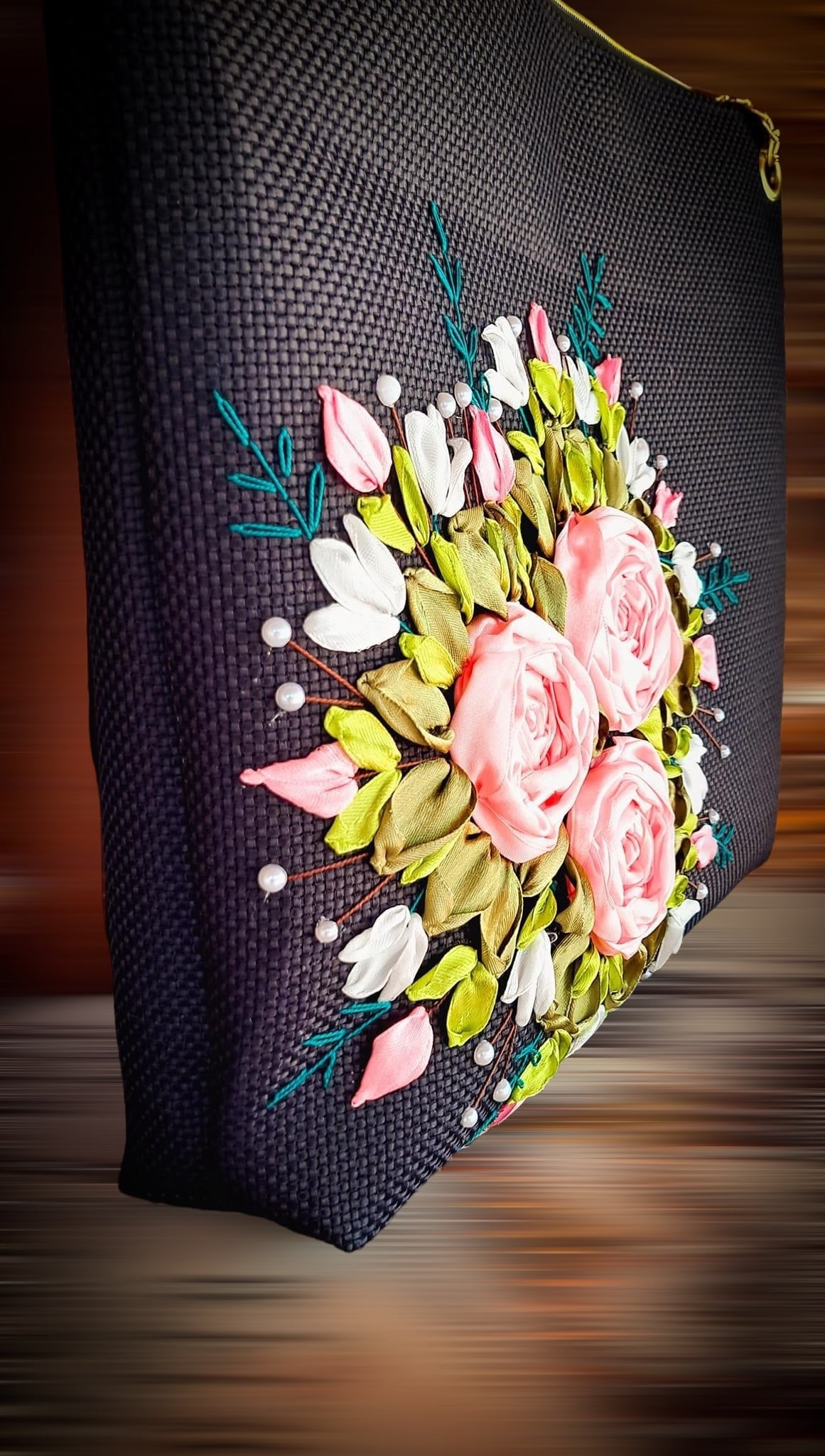 Ribbon Embroidered  Bag with Roses