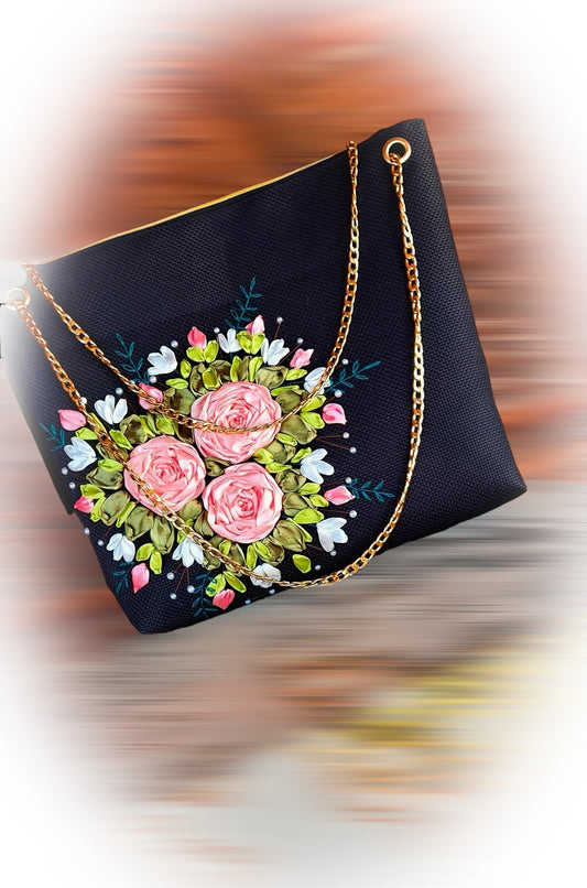 Ribbon Embroidered  Bag with Roses