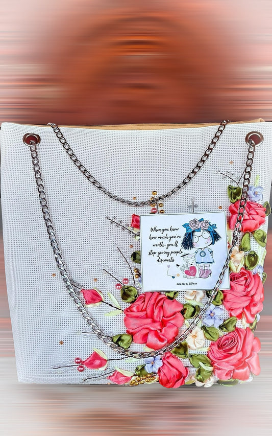 Ribbon Embroidered  Bag with Roses