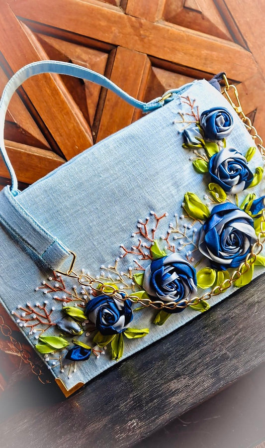 Hand Ribbon Embroidered Bag with Blue Roses