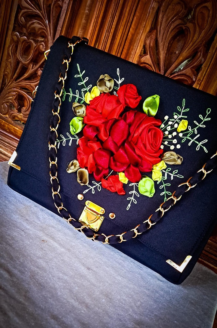 Hand Ribbon Embroidered Bag with Red Roses