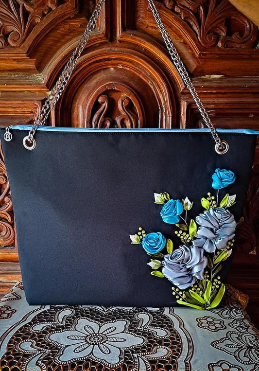 Ribbon Embroidered Blue Roses Bag