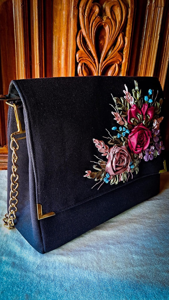 Hand Ribbon Embroidered Bag with Metalic C olorRoses