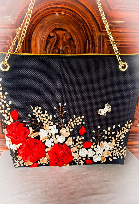 Ribbon embroidered Red and Gold Roses Bag