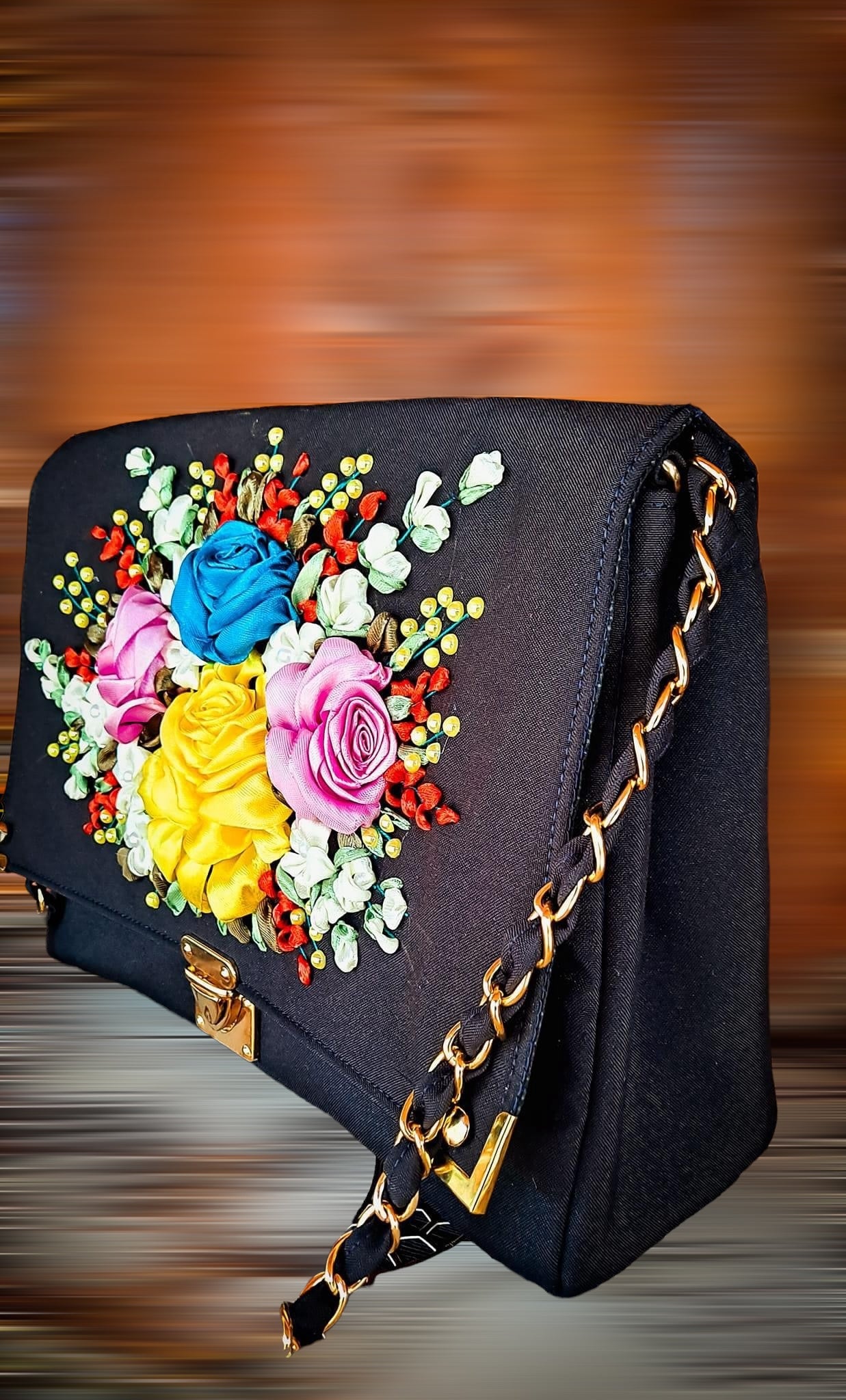 Ribbon Embroidered shoulder/ cross body  Bag with flowers