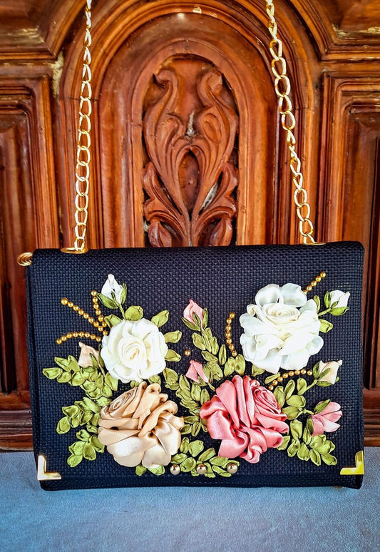 Hand Ribbon Embroidered Bag with Roses