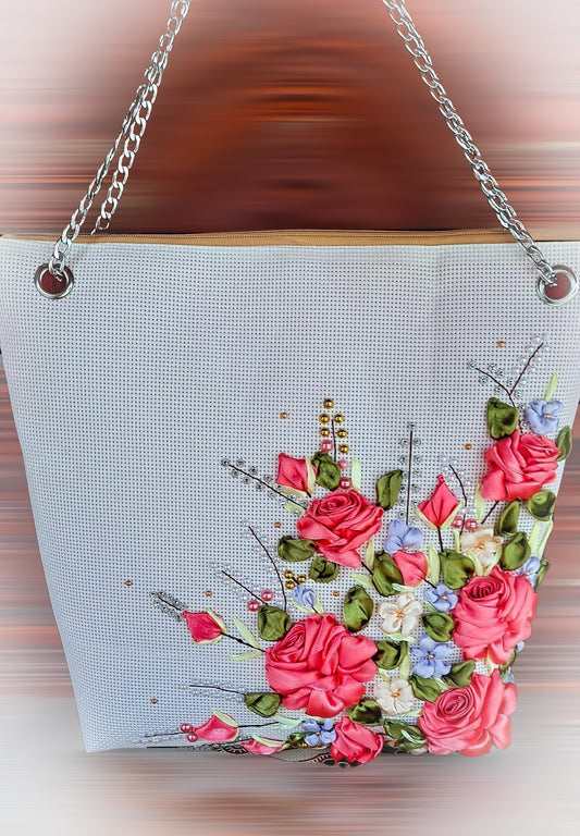 Ribbon Embroidered  Bag with Roses