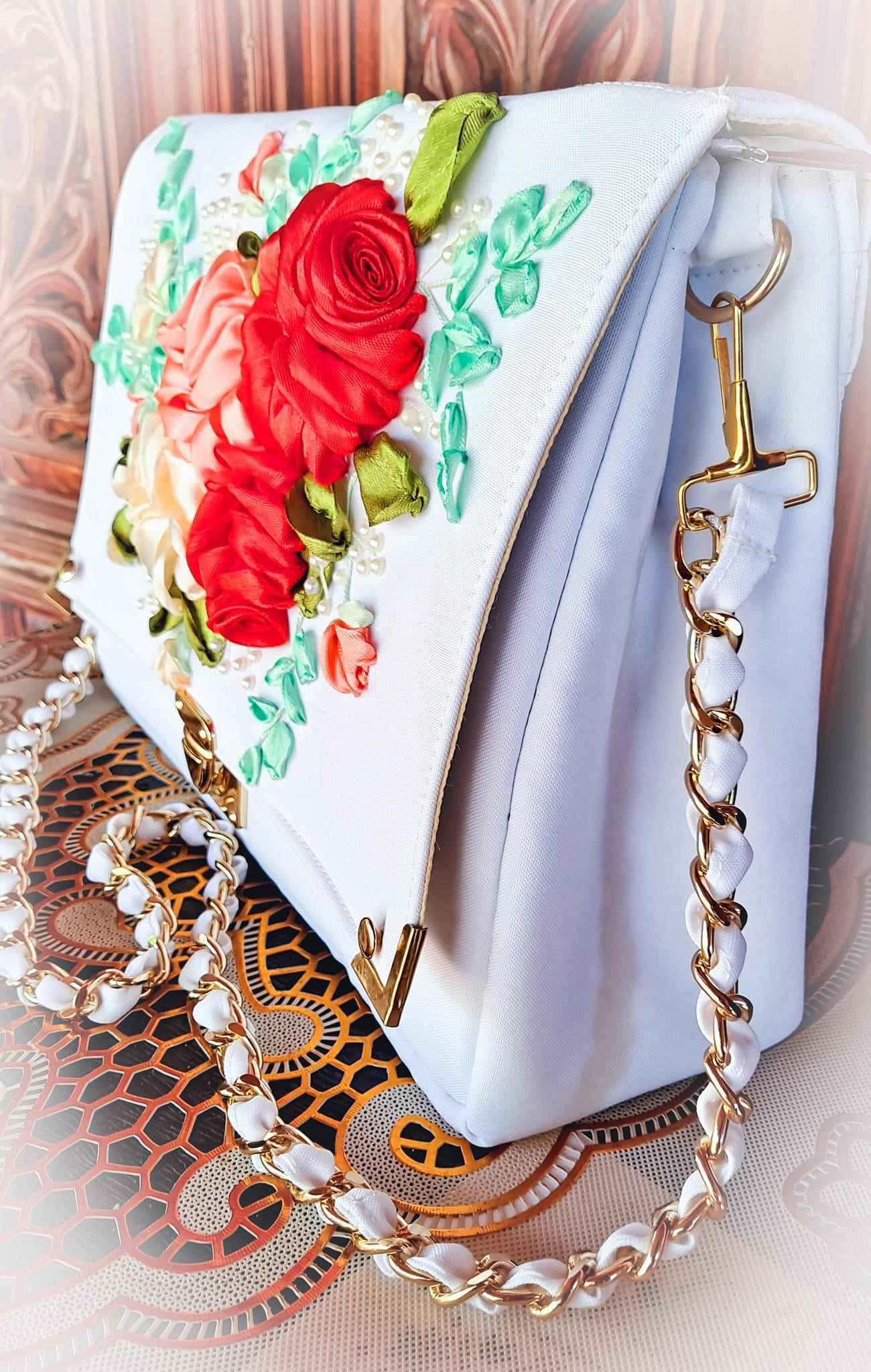 Ribbon Embroidered Bag with flowers