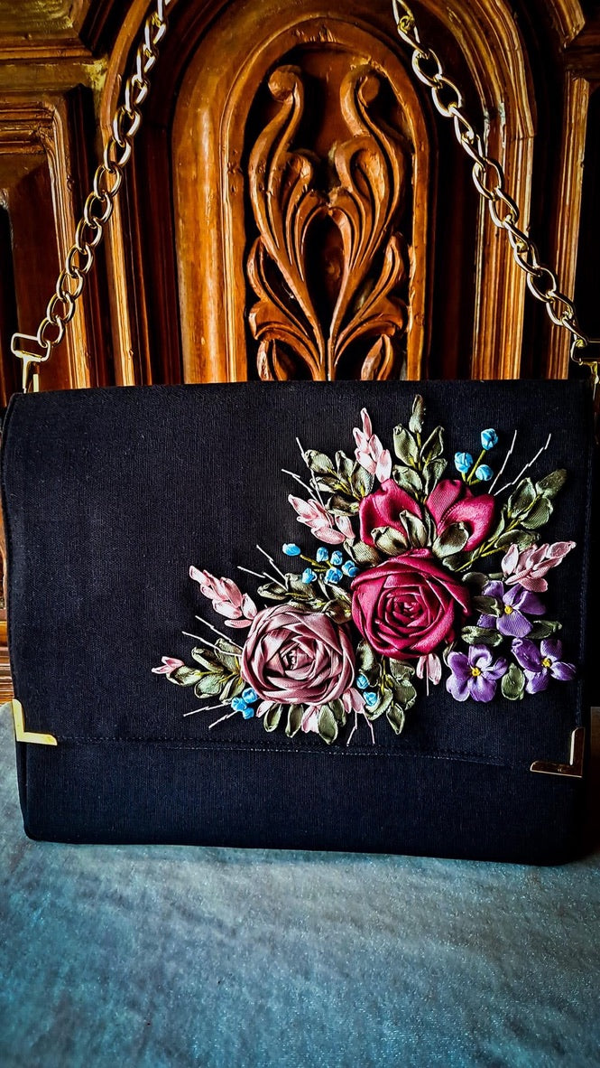 Hand Ribbon Embroidered Bag with Metalic C olorRoses