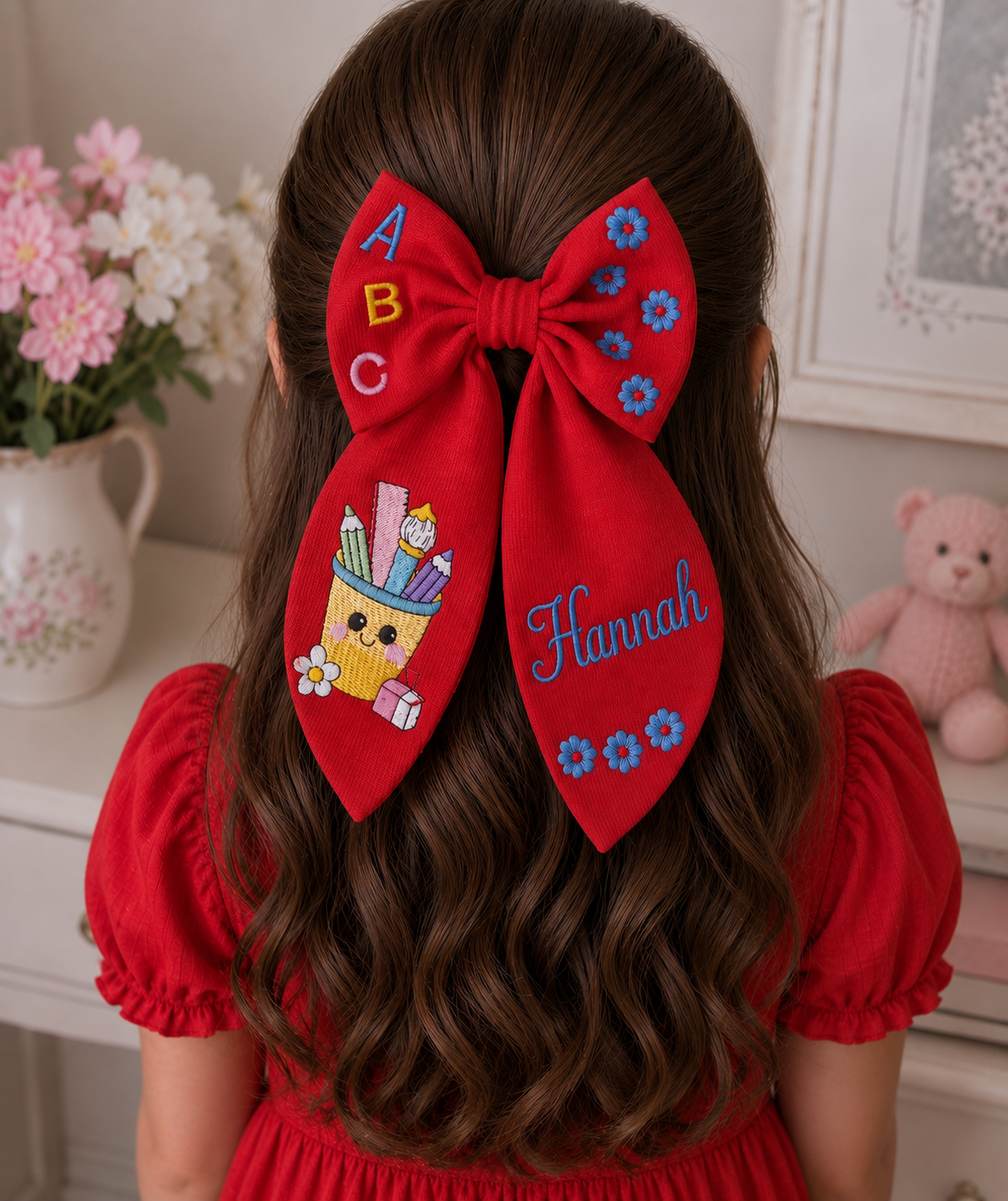 Back to school Bow 2 , Personalized Back to School Embroidered Hair Bow – White Fabric | Custom Name Bow | First Day of School Gift (Copy)
