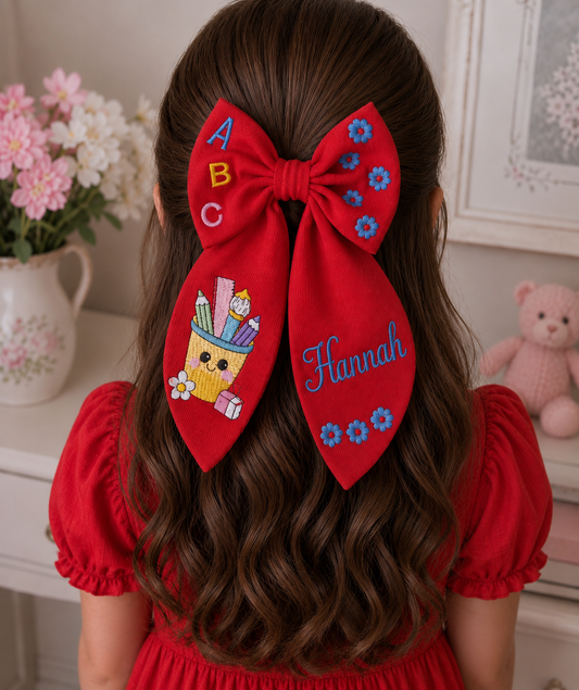 Back to school Bow 2 , Personalized Back to School Embroidered Hair Bow – White Fabric | Custom Name Bow | First Day of School Gift (Copy)