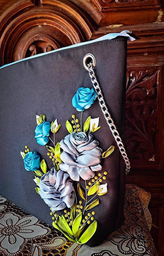 Ribbon Embroidered Blue Roses Bag