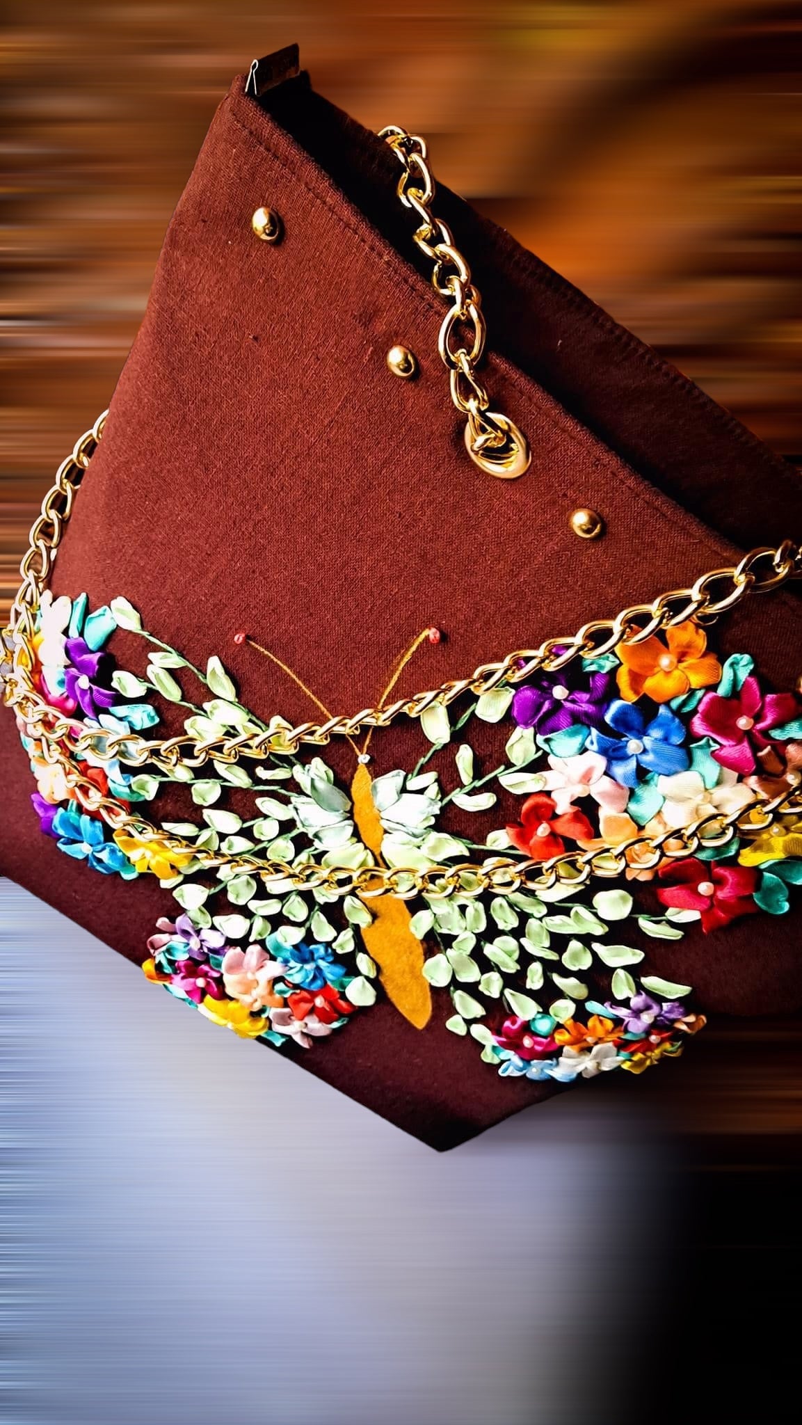 Ribbon Embroidered  Bag with Butterfly shape flower design