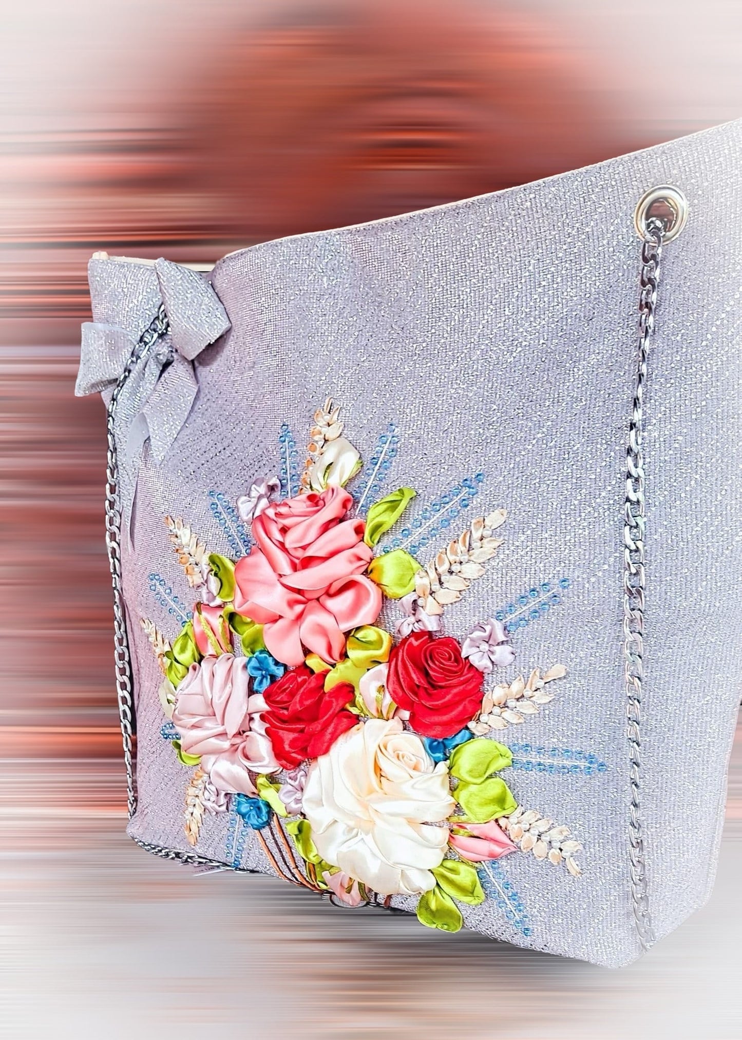 MRibbon Embroidered  Bag with Roses