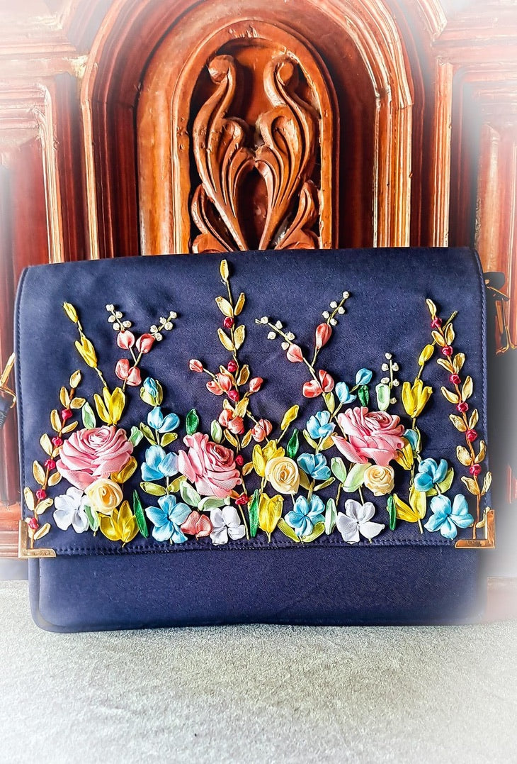 Hand Ribbon Embroidered Bag with flowers