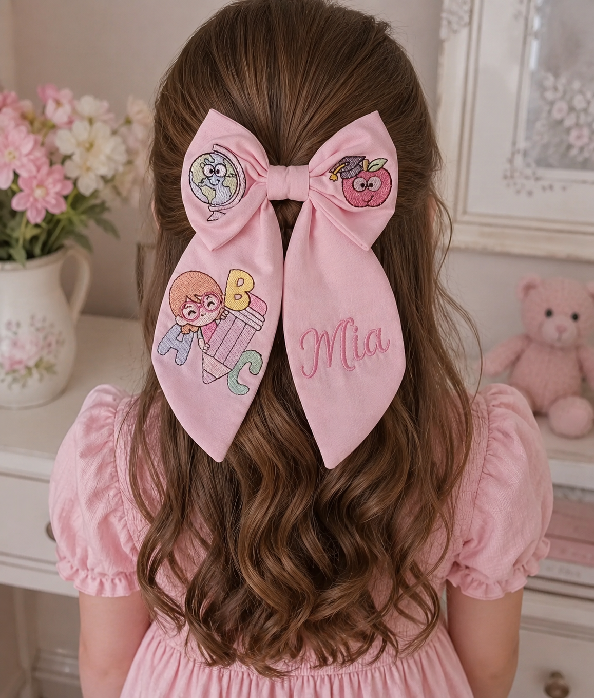 Back to school Bow , Personalized Back to School Embroidered Hair Bow – White Fabric | Custom Name Bow | First Day of School Gift
