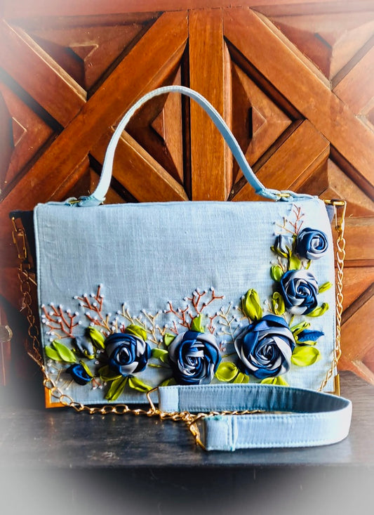 Hand Ribbon Embroidered Bag with Blue Roses