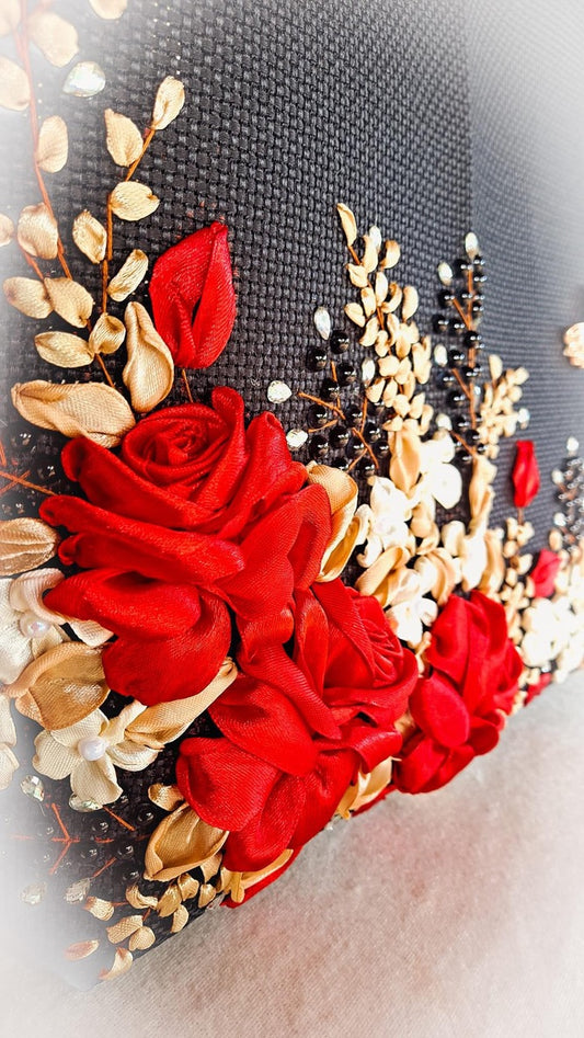 Ribbon embroidered Red and Gold Roses Bag