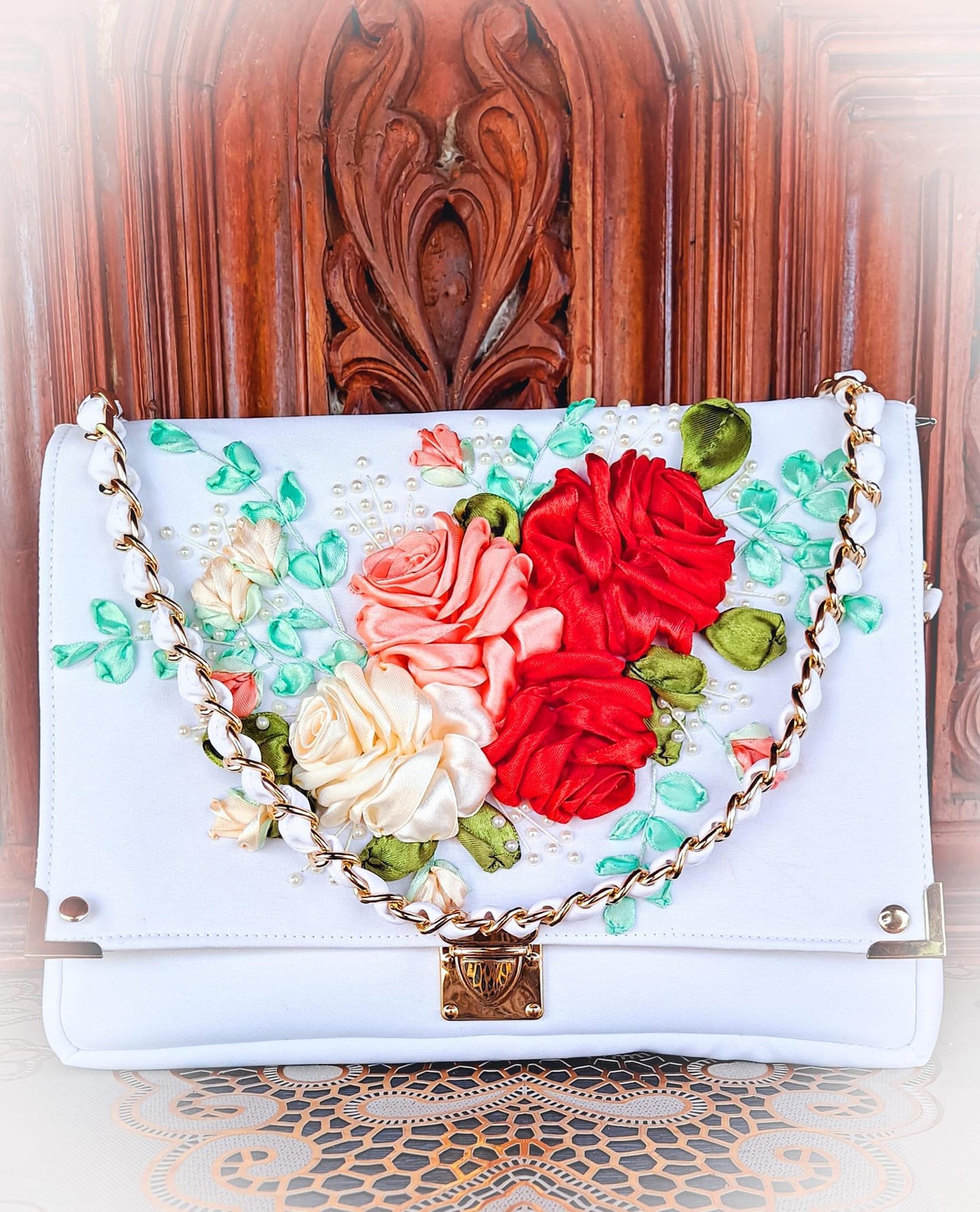 Ribbon Embroidered Bag with flowers