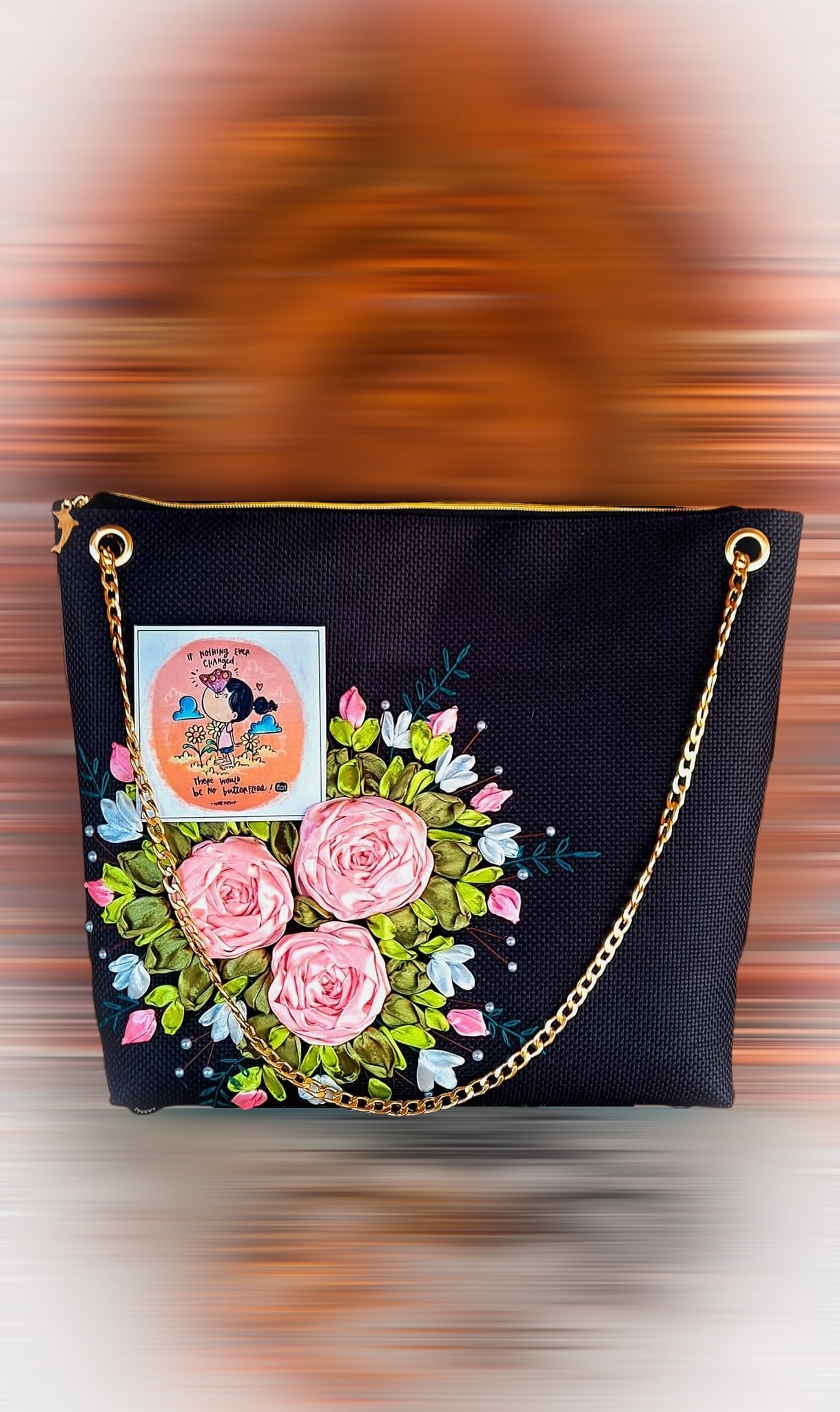 Ribbon Embroidered  Bag with Roses