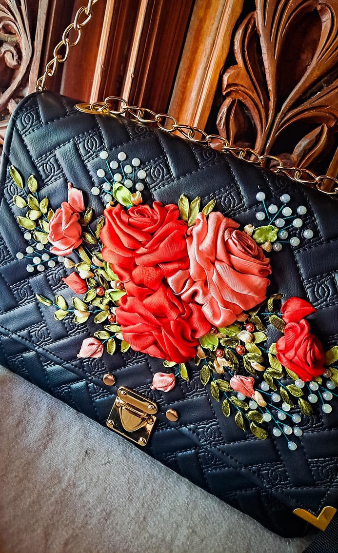 Ribbon Embroidered Bag with flowers