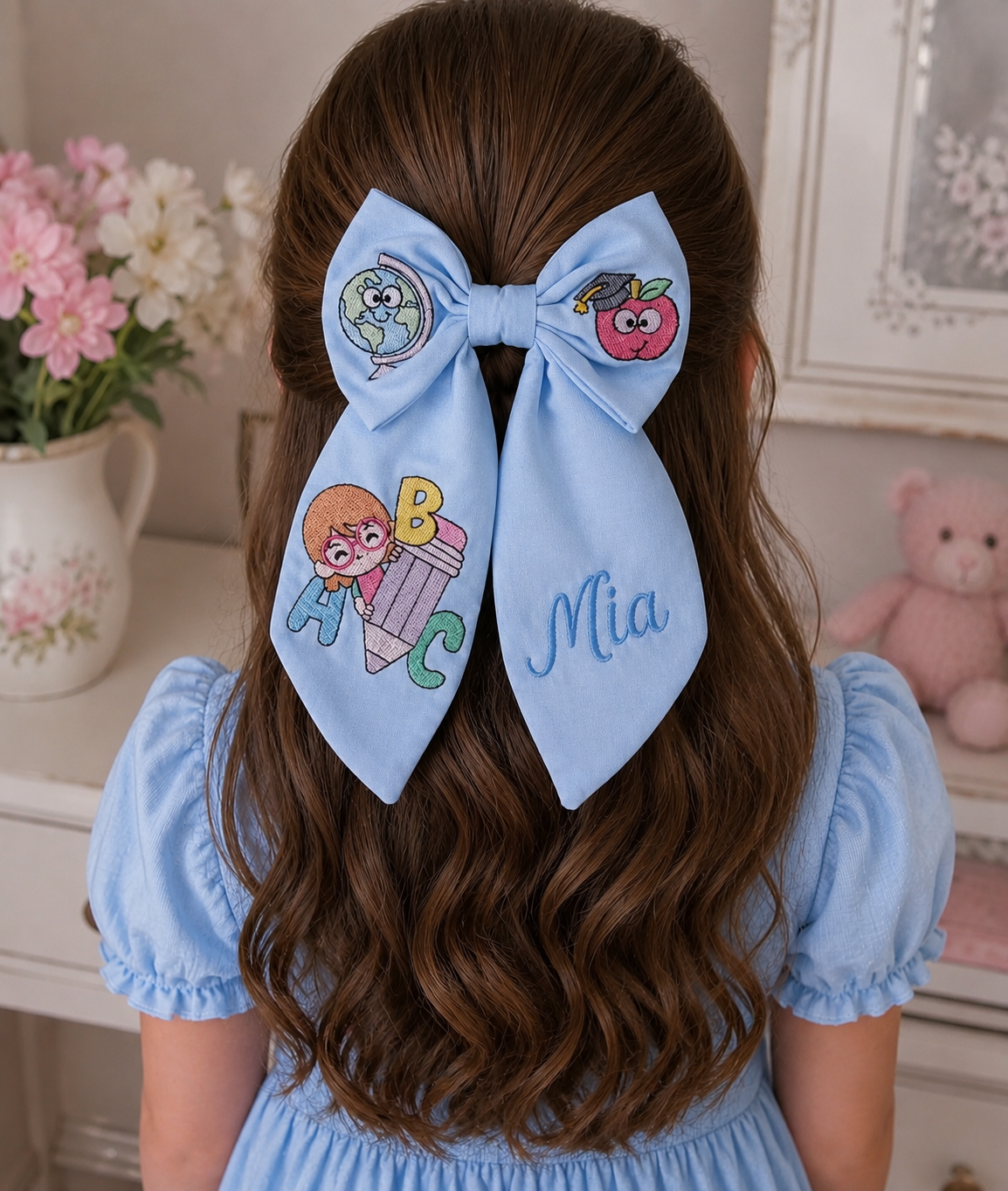 Back to school Bow , Personalized Back to School Embroidered Hair Bow – White Fabric | Custom Name Bow | First Day of School Gift