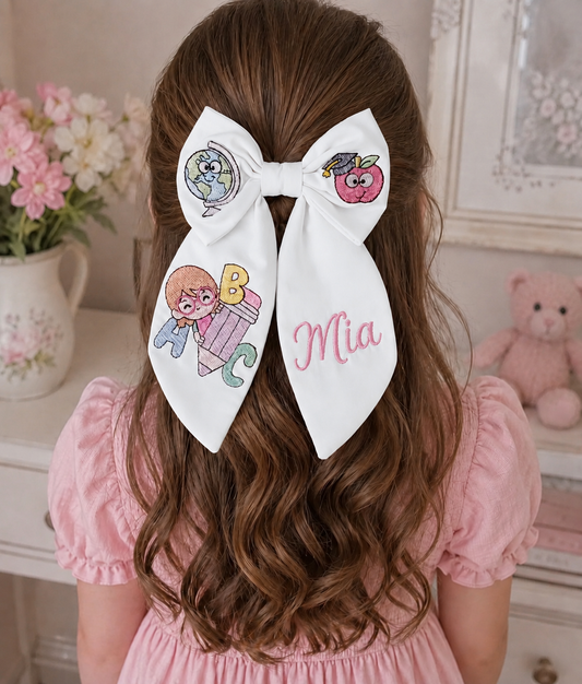 Back to school Bow , Personalized Back to School Embroidered Hair Bow – White Fabric | Custom Name Bow | First Day of School Gift
