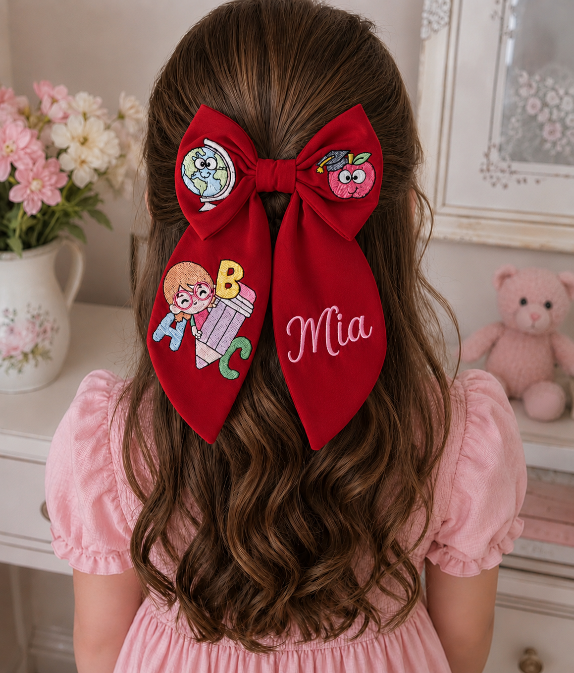 Back to school Bow , Personalized Back to School Embroidered Hair Bow – White Fabric | Custom Name Bow | First Day of School Gift