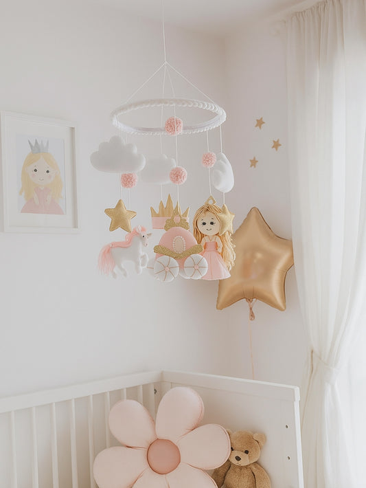 Princess Mobile - Crown mobile - Princess Baby Crib Mobile - Girl Nursery - Baby Girl Felt Mobile - Pink Gold Mobile - Princess Room Decor