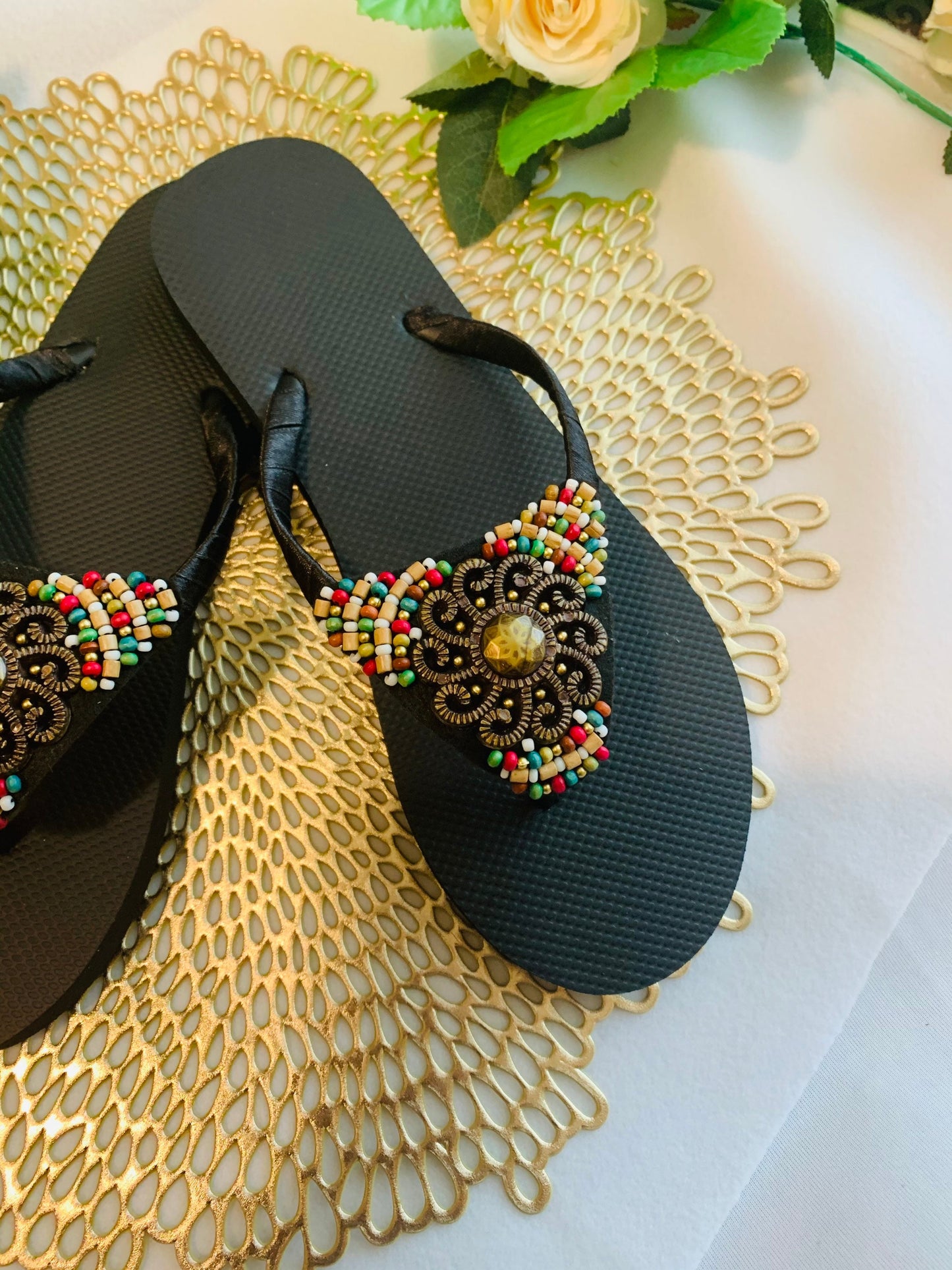 Women’s flip flops, beads , floral pattern, bling flip flops, fancy flip flops, customized flip flops - TOP