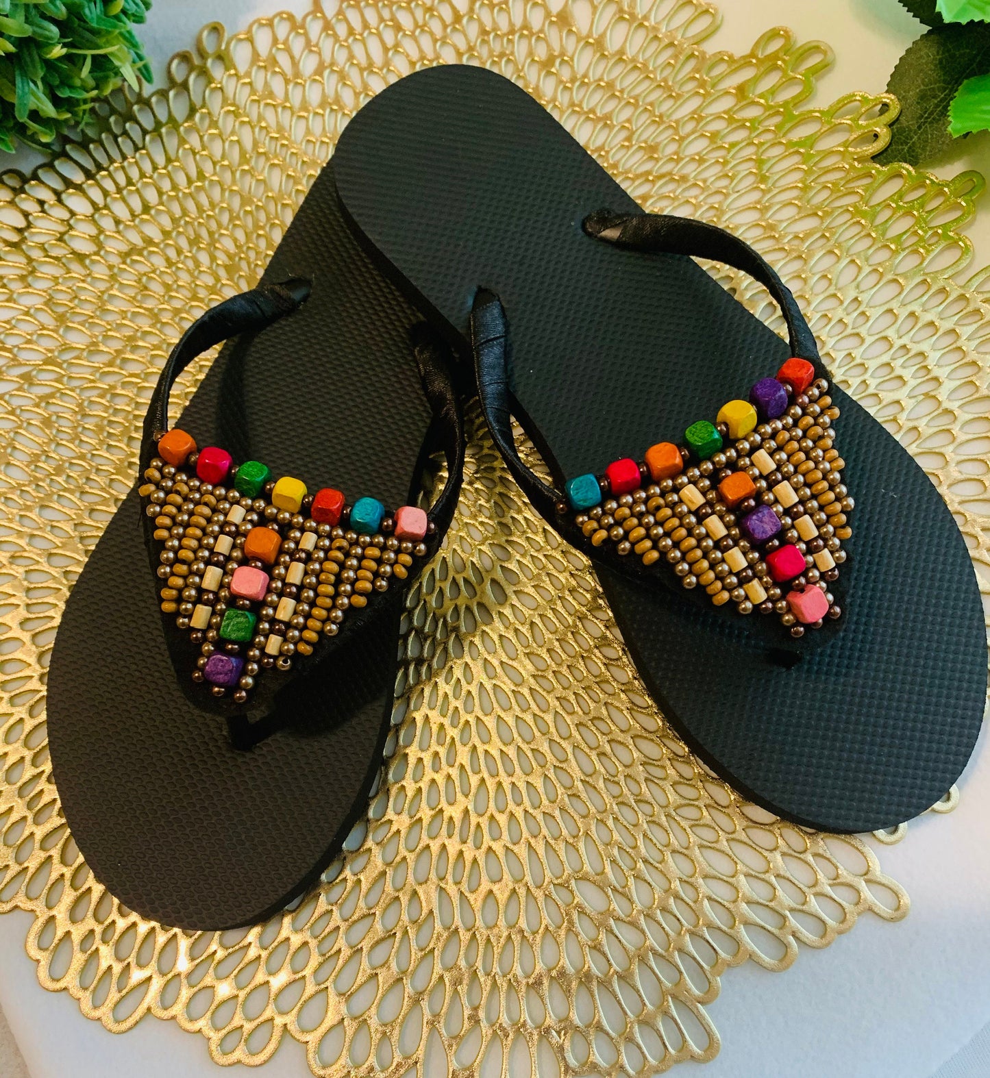 Women’s flip flops, beads , floral pattern, bling flip flops, fancy flip flops, customized flip flops - TOP