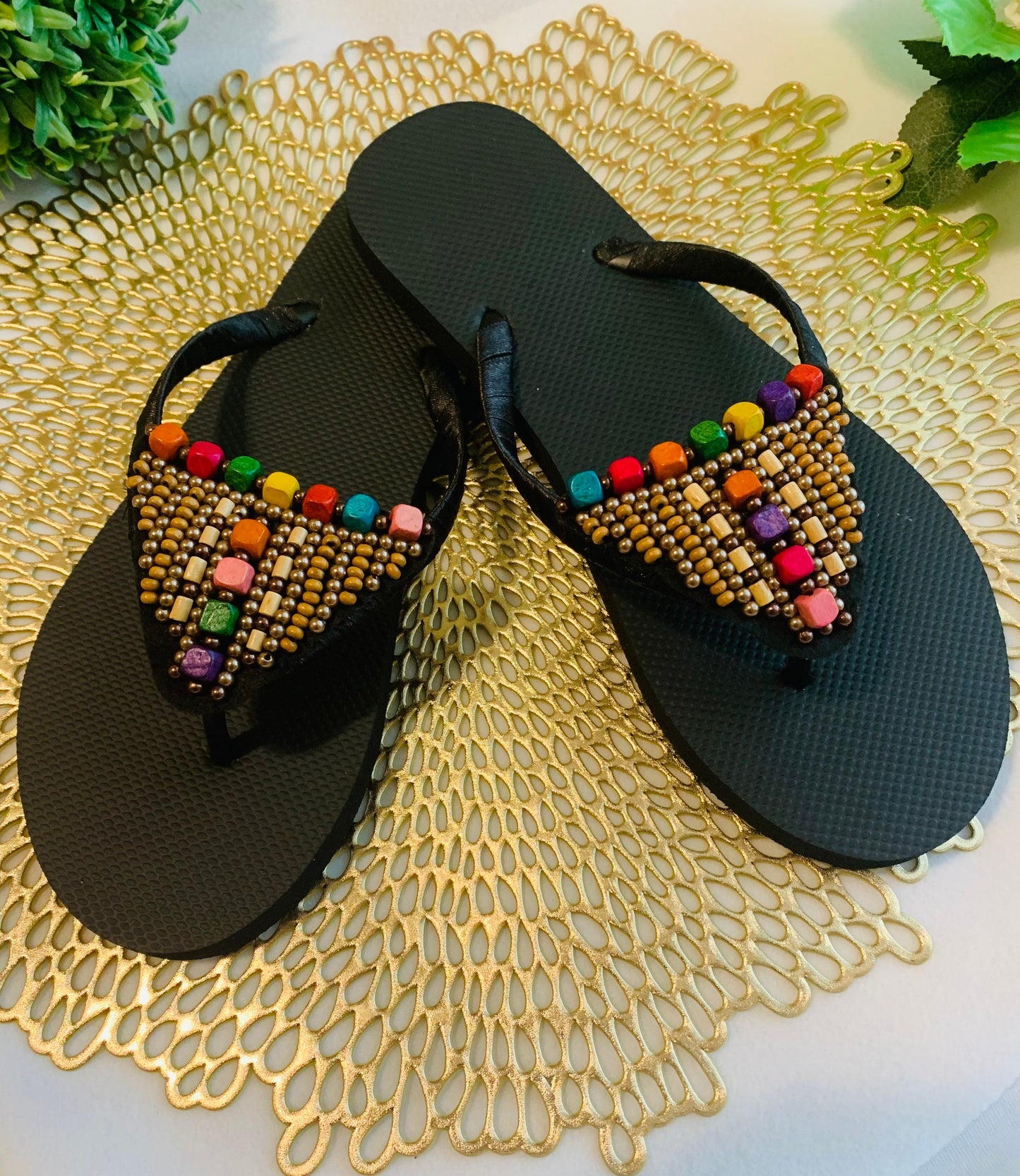 Women’s flip flops, beads , floral pattern, bling flip flops, fancy flip flops, customized flip flops - TOP