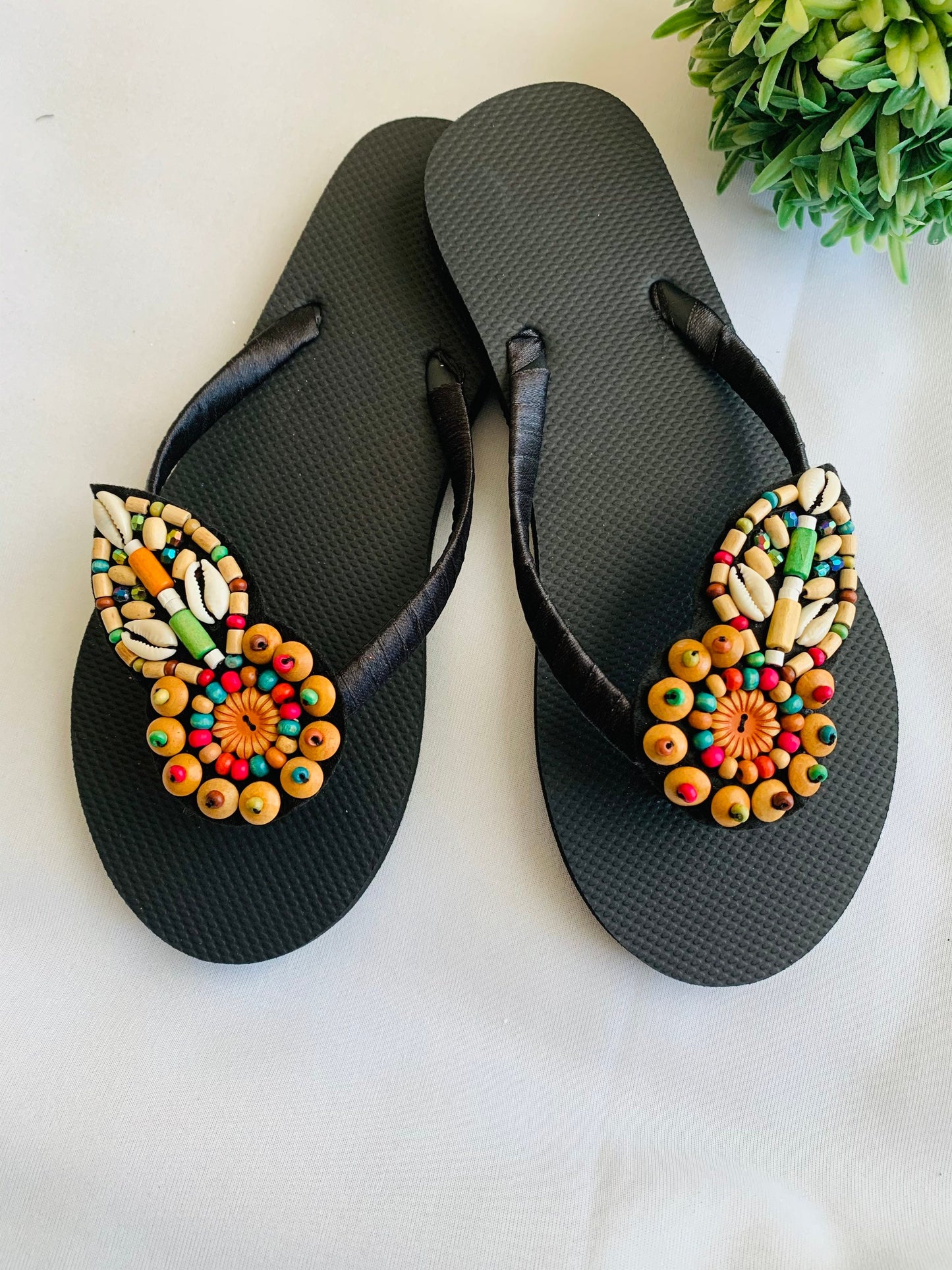 Women’s flip flops, beads , floral pattern, bling flip flops, fancy flip flops, customized flip flops - TOP