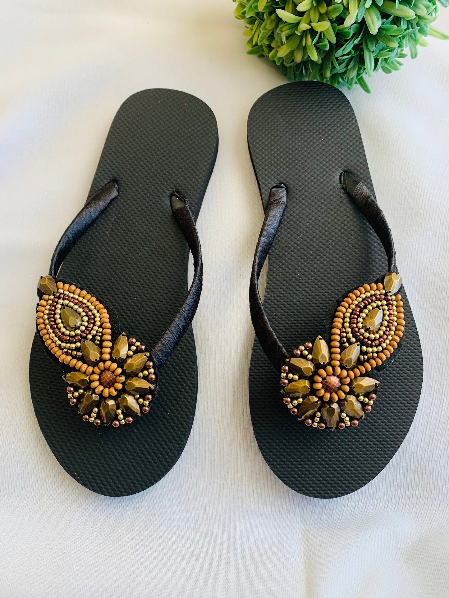 Women’s flip flops, beads , floral pattern, bling flip flops, fancy flip flops, customized flip flops