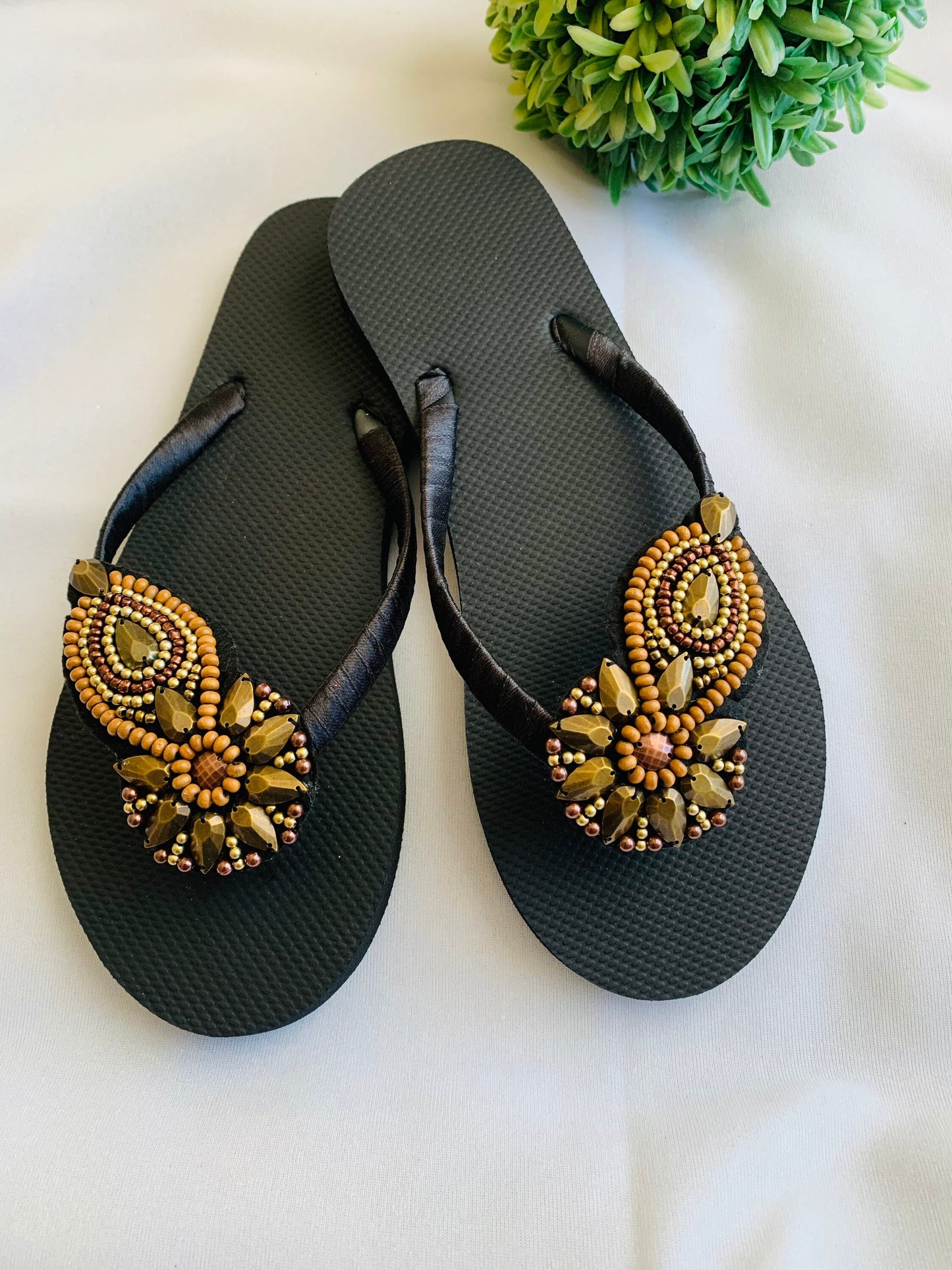 Women’s flip flops, beads , floral pattern, bling flip flops, fancy flip flops, customized flip flops