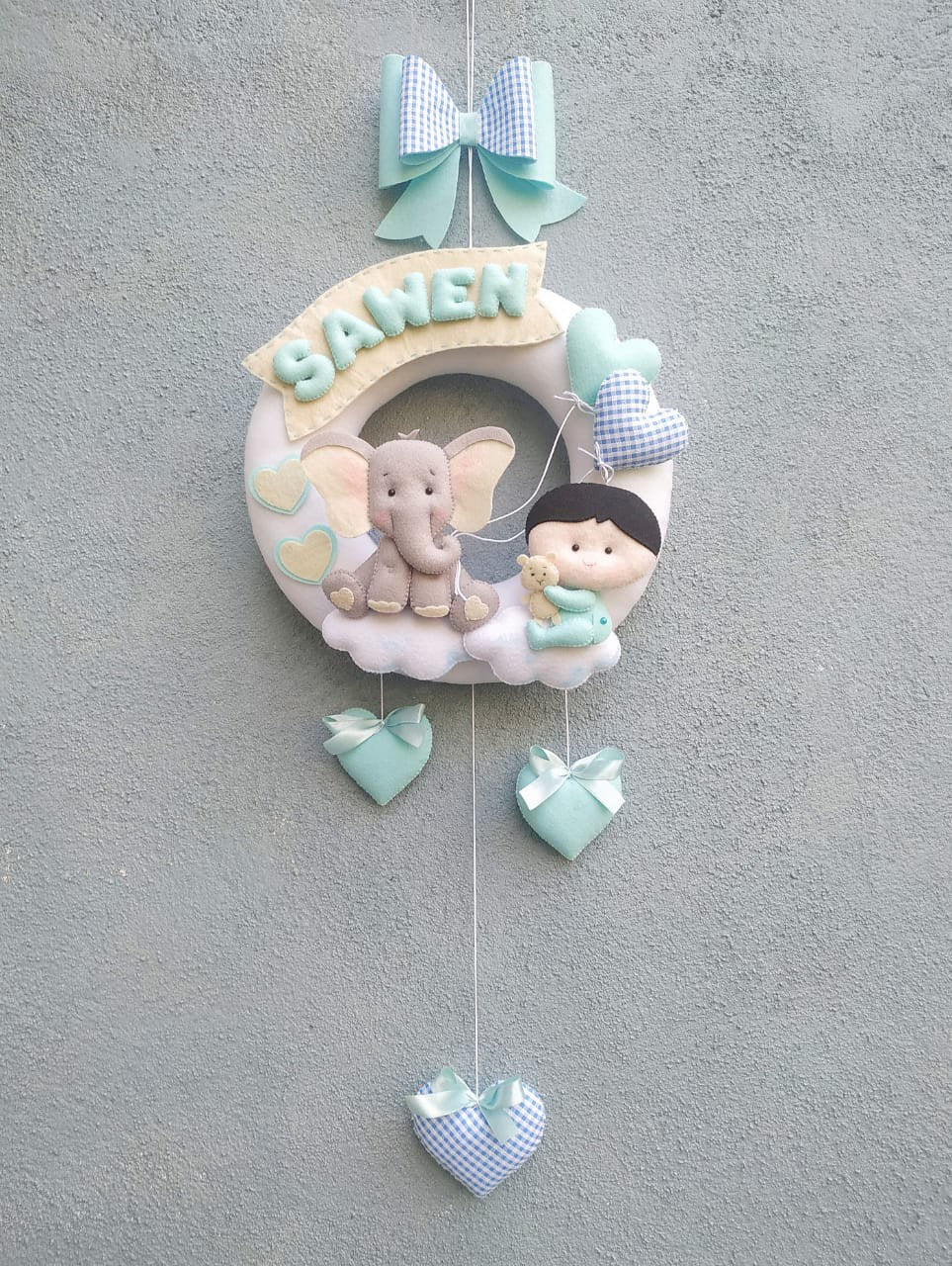 Baby boy elephant personalized name ring/wreath, nursery/bedroom decor, felt name keepsake, birthday gift, door decoration