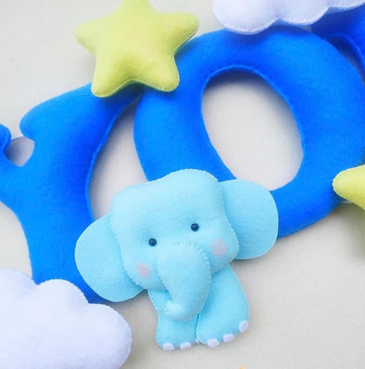 Felt name banner, blue garland, elephant banner, nursery decor, personalized gift, felt letters, baby name banner, name garland, name sign
