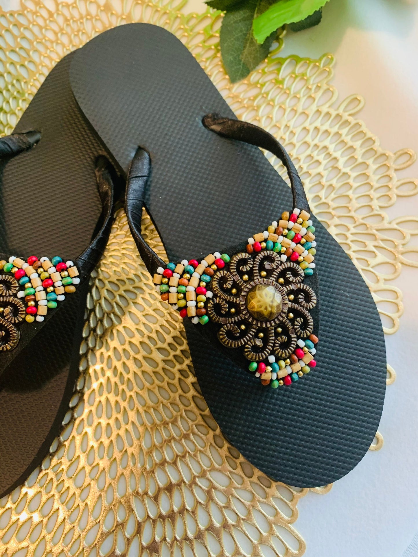 Women’s flip flops, beads , floral pattern, bling flip flops, fancy flip flops, customized flip flops - TOP