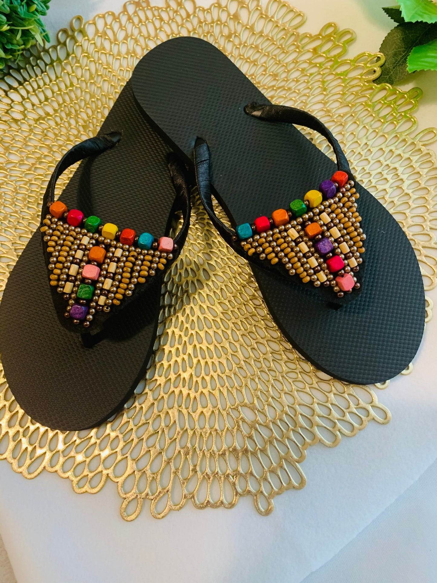 Women’s flip flops, beads , floral pattern, bling flip flops, fancy flip flops, customized flip flops - TOP